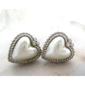 Judith Ripka Sterling Silver CZ Whit Mabe Pearl Heart Clip On Earrings